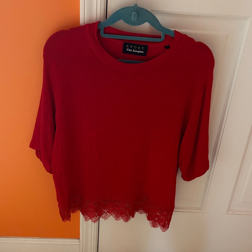 The Kooples Red Lace-Hem Cropped Sweater